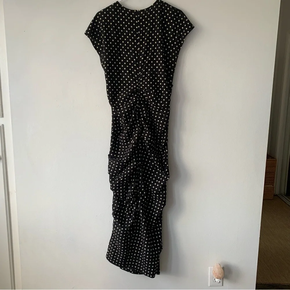 Rachel Comey New Delirium Silk Polka Dot Ruched Midi Short Sleeve Dress Black - Picture 9 of 14